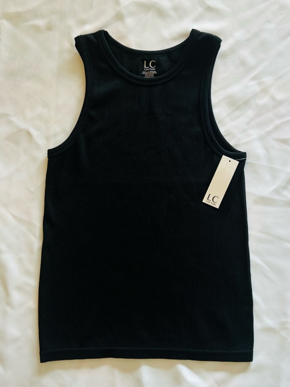 NWT Lauren Conrad Couture L/XL Black Ribbed Athletic Tank Top Stretchy Gym Scoop